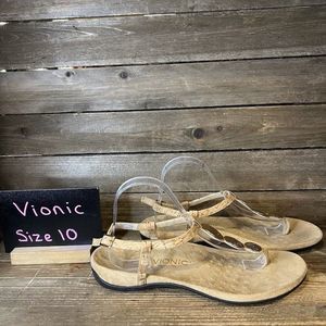 Womens Vionic Lizbeth Tan Leather Beaded Strappy Comfort Sandals Size 10‎ M GUC